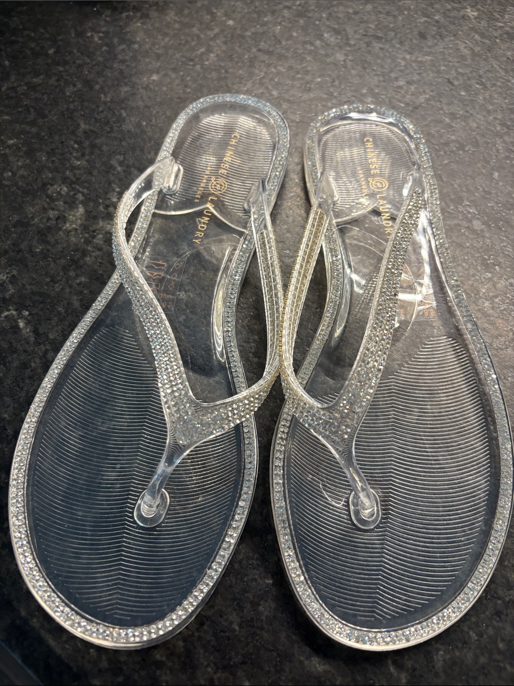 Chinese Laundry Clear Jelly Thong Sandals With Rhinestone Trim - Silver Accents